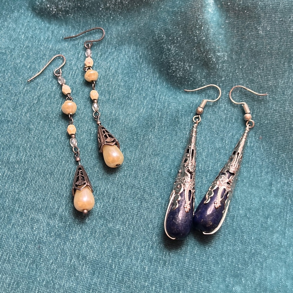 Two pairs of Filigree Long Teardrop Earrings: Lapis Lazuli & Pearl